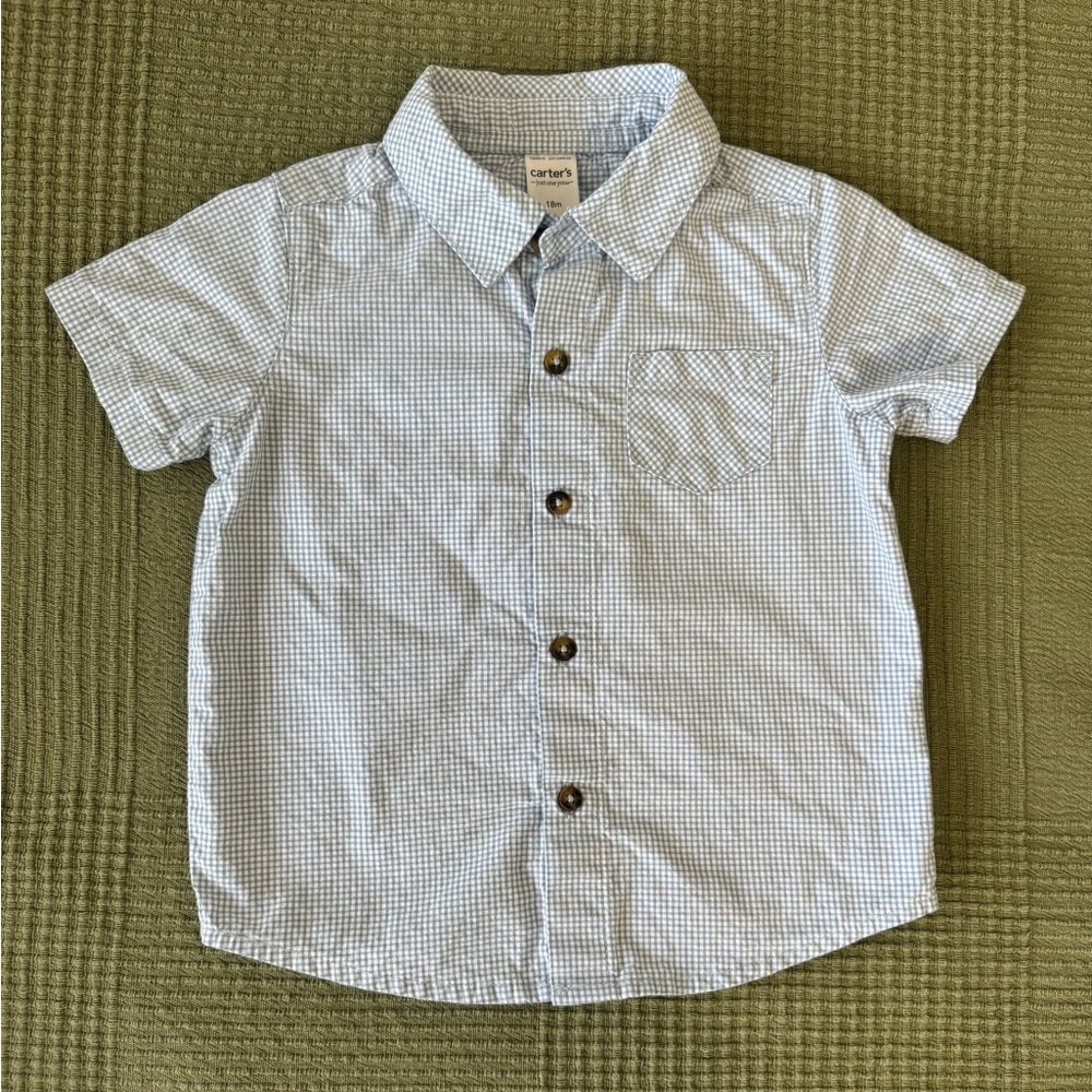 Carter's Blue & White Gingham Button Down Shirt Size 18 Months 100% Cotton